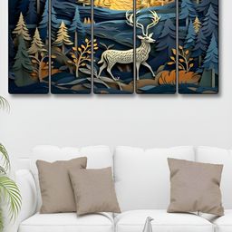 Livin'luxe Navy Blue & Gold-Toned 5 Pieces Canvas Deer Painting Wall Arts-picture-6