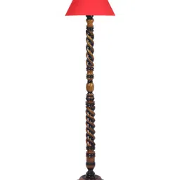 Devansh Red	& Brown Conical Wooden Floor Lamp With Shade image 2