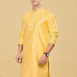 Anouk Yellow Geometric Woven Design Mandarin Collar Long Sleeves Regular Straight Kurta-image-64