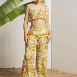 EROTISSCH Green Tropical Printed Shoulder Straps Smocked Crop Top With Trousers-picture-13