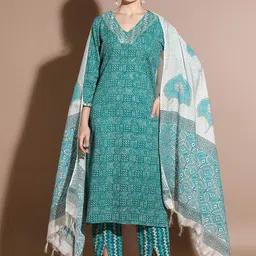 Anouk Green Floral Embroidered Mirror Work Pure Cotton Straight Kurta & Trouser & Dupatta-picture-19