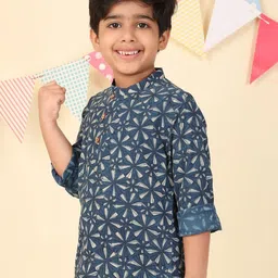 Fabindia Boys Floral Printed Long Sleeves Mandarin Collar Straight Short Kurta-picture-11