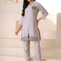 Stylum Embroidered Shirt Collar Neck Top With Trousers Co-Ords-image-8