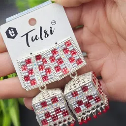 tulsi imitation Silver-Plated Stones Studded & Beaded Square Shaped Jhumkas-27