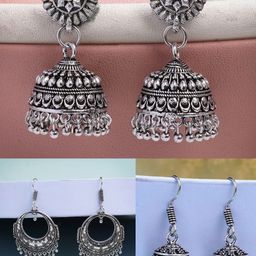 Anouk Women Set of 3 Silver Plated Oxidised Traditional Jhumka Earrings-27