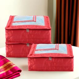 Aura Red & Transparent 3 Pieces Frill Top Window Satin Saree Bag Organisers-55