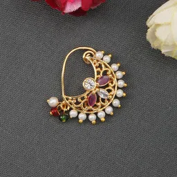 Anouk Gold-Plated American Diamond Studded And Pearls Beaded Septum Nosepin-17
