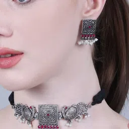 PUJVI Stone Studded & Beaded Oxidised Jewellery Set-image-11