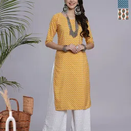 HERE&NOW Selection Of 3 Floral Printed Round Neck Straight Kurtas-image-77