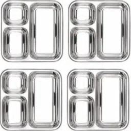 Stainless Steel 3 in 1 Pav Bhaji Plate - Idli Shambar Serving Plate, Three Compartment Dinner Plate Set of 4 Pieces Sectioned Plate  Sectioned Plate-image-82