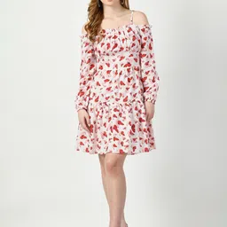 COATTIRE Women Floral Printed Cold-Shoulder Crepe A-Line Dress-picture-33