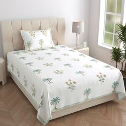 Texstylers White Floral Printed 210 TC Pure Cotton Single Bedsheet Set- 1.52 m X 2.29 m-picture-47