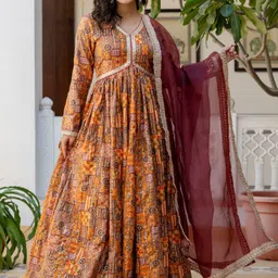 ftDiva Ethnic Motifs Printed V-Neck Gown Maxi Ethnic Dress With Dupatta-picture-36