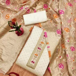 LeeliPeeri Designer Embellished Chanderi Jacquard Unstitched Dress Material-image-27