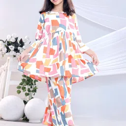 Based Girls Geometric Printed Pure Cotton A-Line Kurta & Trousers-96