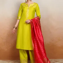 Women Cotton Blend Kurta Palazzo Attached Dupatta Set-image-79