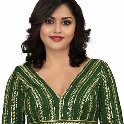 PU FASHION Women Green Embroidered Sequinned Detail Ready to Wear Saree Blouse-picture-2