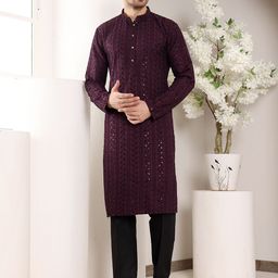 MULTI SHADES Floral Embroidered Mandarin Collar Thread Work Straight Kurta With Pyjamas-picture-10