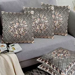 KANUSHI INDUSTRIES Brown & Grey Set of 5 Floral Velvet Square Cushion Covers-34