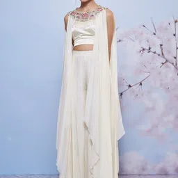 AJIESH OBEROI Embroidered Bustier Top & Palazzo With Cape Co-Ord Set-image-5