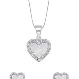 Nipura 925 Sterling Silver Rhodium-Plated CZ Studded Heart of Pearl Pendant and Earrings-3