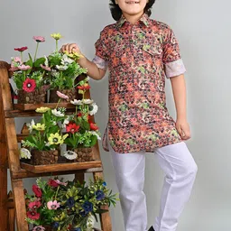 ahhaaaa Boys Floral Printed Regular Thread Work Kurta with Pyjamas-10