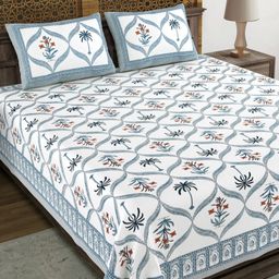 BLOCKS OF INDIA Blue & White Ethnic Motifs 210 TC King Bedsheet with 2 Pillow Covers-image-6