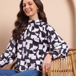 Mast & Harbour Abstract Print Cuffed Sleeves High-Neck Top with Tie-Up Detail-14