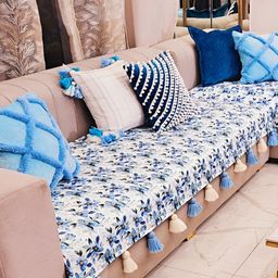 THROWPILLOW White & Blue Printed Anti Slip Tassels Sofa Cover-image-18