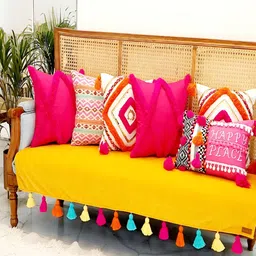 THROWPILLOW Yellow & Blue Anti Slip Tassels 4 Seater Sofa Cover-picture-47