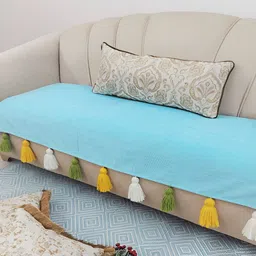 THROWPILLOW Turquoise Blue & Yellow Anti Slip Tassels Sofa Cover-image-84