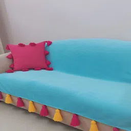 THROWPILLOW Turquoise Blue & Yellow Anti Slip Tassels Sofa Cover-image-82