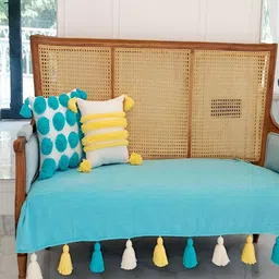 THROWPILLOW Turquoise Blue & Yellow Anti Slip Tassels 4 Seater Sofa Cover-image-39