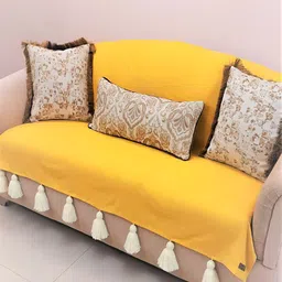THROWPILLOW Yellow & White Anti Slip Tassels 4 Seater Sofa Cover-15