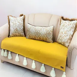 THROWPILLOW Yellow & White Anti Slip Tassels 4 Seater Sofa Cover-17