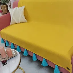 THROWPILLOW Mustard & Blue Anti Slip Tassels 4 Seater Sofa Cover-picture-23