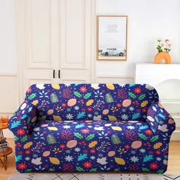 Cortina Navy Blue & Red Leaf Printed Double-Seater Sofa Cover-image-46