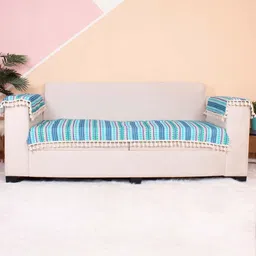 STITCHNEST Blue & White Printed Jacquard 3-Seater Sofa Cover-image-46