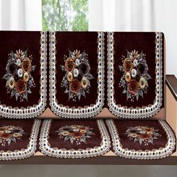 Stylista Brown & White 6 Pieces Floral Printed Velvet Cotton Sofa Covers-image-100