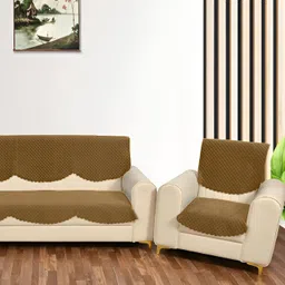 Sparrow world Gold-Toned 6 Pieces Quilted Velvet 5 Seater Sofa Cover-image-6