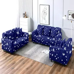 Cortina 3 Pieces Navy Blue & White Floral Printed Stretchable Sofa Cover-picture-21