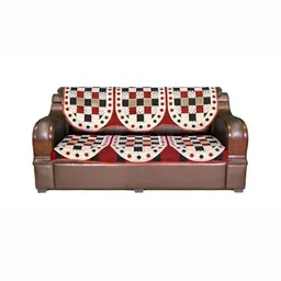 AZOTICA Maroon & Black 6 Pieces Geometric 5 Seater Cotton Sofa Covers-7