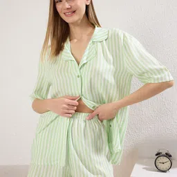 Trendyol Women Striped Lapel Collar Shirt With Shorts Night Suit-image-76