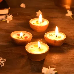 JAYPORE 4-Pcs Brown & White Terracotta Diyas-2