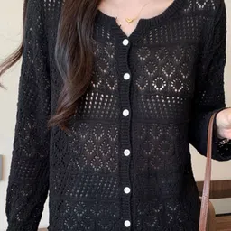 KPOP Women Self Design Round Neck Long Sleeves Front-open Sweater-3
