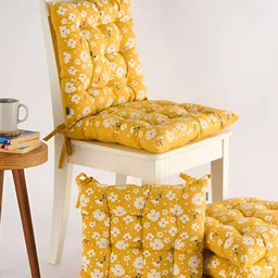 SKANDA FAB 6Pc Mustrad-Yellow & White Floral Printed 100% Cotton Chair Pad-15