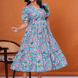 DECORIS Women Blue V-Neck Printed Puff Sleeves Cotton Fit and Flare Dresses-picture-9
