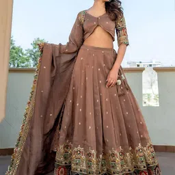 FABPIXEL Embroidered Sequinned Semi-Stitched Lehenga & Unstitched Blouse With Dupatta-image-93