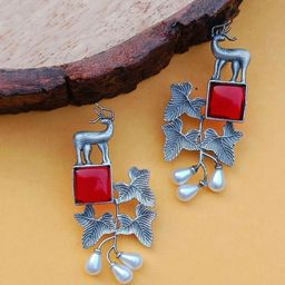FindHerFavorite Silver-Plated Stones Studded & Beaded Contemporary Drop Earrings-image-33