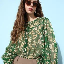 EVERYDAY by ANI Floral Print Mandarin Collar Chiffon Top-image-90